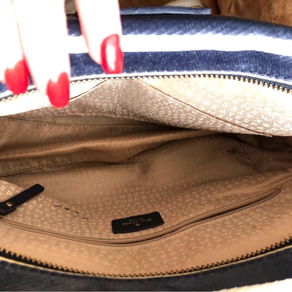 Kate Spade navy/cream pinstriped leather tote bag with crossbody strap - Picture 9 of 11